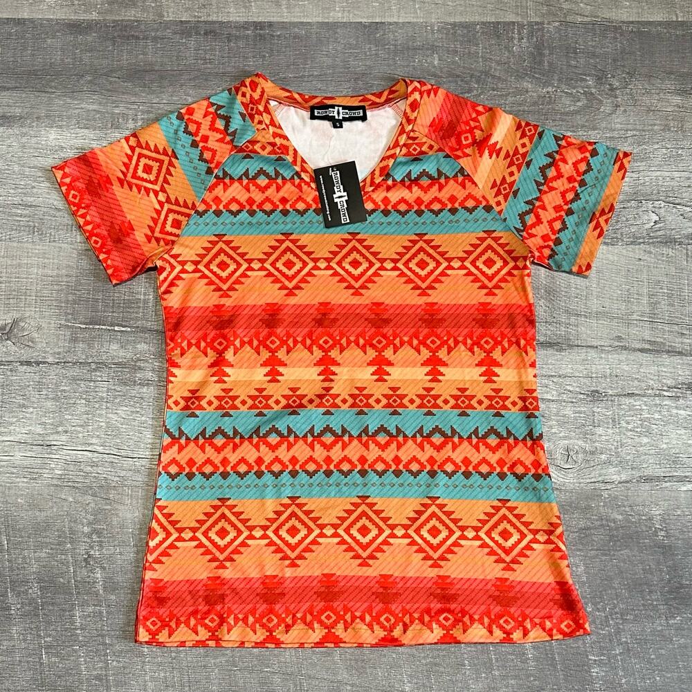 Howdy Crowd NEW Sunset Print Short Sleeve V-Neck Top Womens S Aztec Southwestern